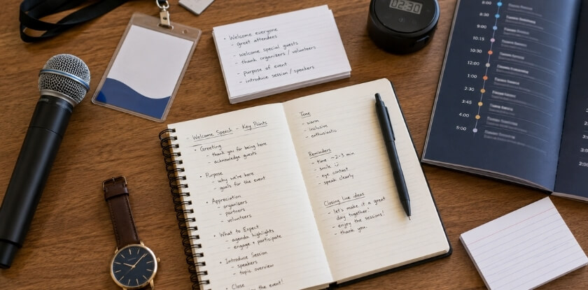 Welcome speech key points in a notebook beside a microphone and a timer