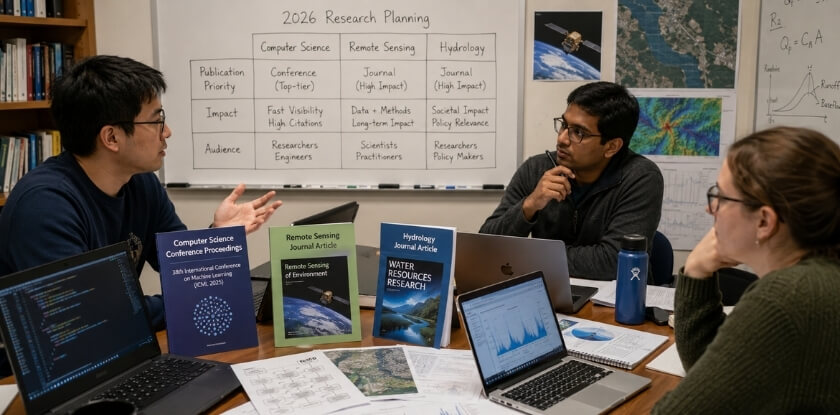 Conference vs. Journal Importance in Computer Science, Remote Sensing, and Hydrology