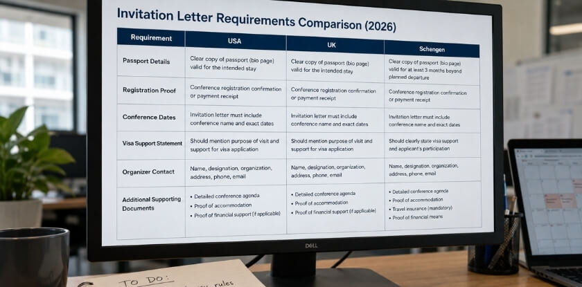 Conference Invitation Letter Requirements by Country — USA, UK, and Schengen Compared