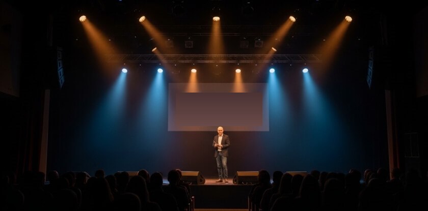 Speaker alone on a lit stage closing a conference in front of the audience