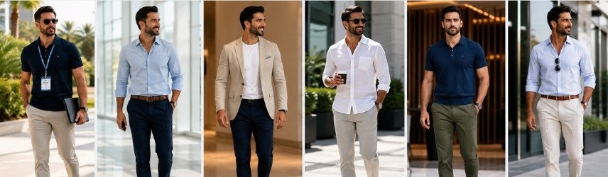 Six summer business casual outfits for men with chinos, shirts and polos